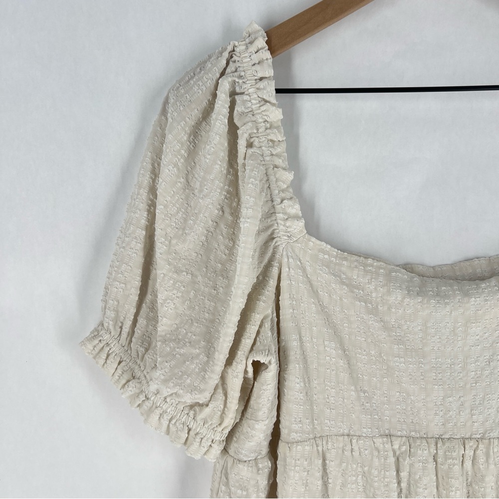 Sophie‎ Rue Cream Lightweight Textured Puff Sleeve Peasant Mini Dress Size L - Picture 2 of 10